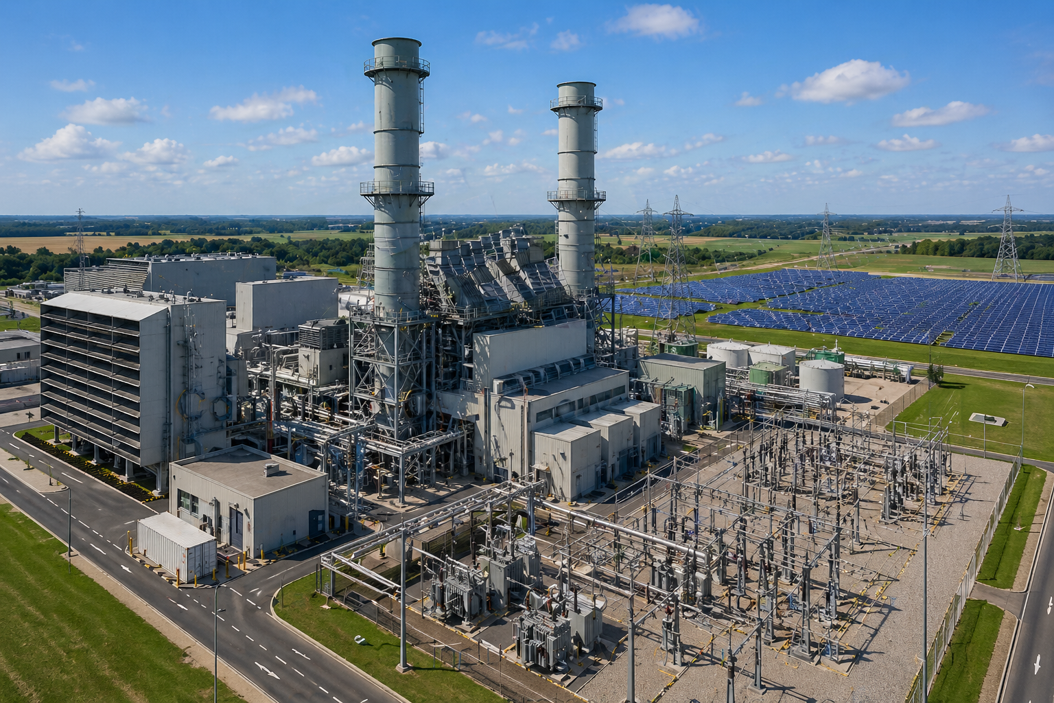 Aerial view of a combined-cycle power plant with HV switchyard and adjacent solar farm