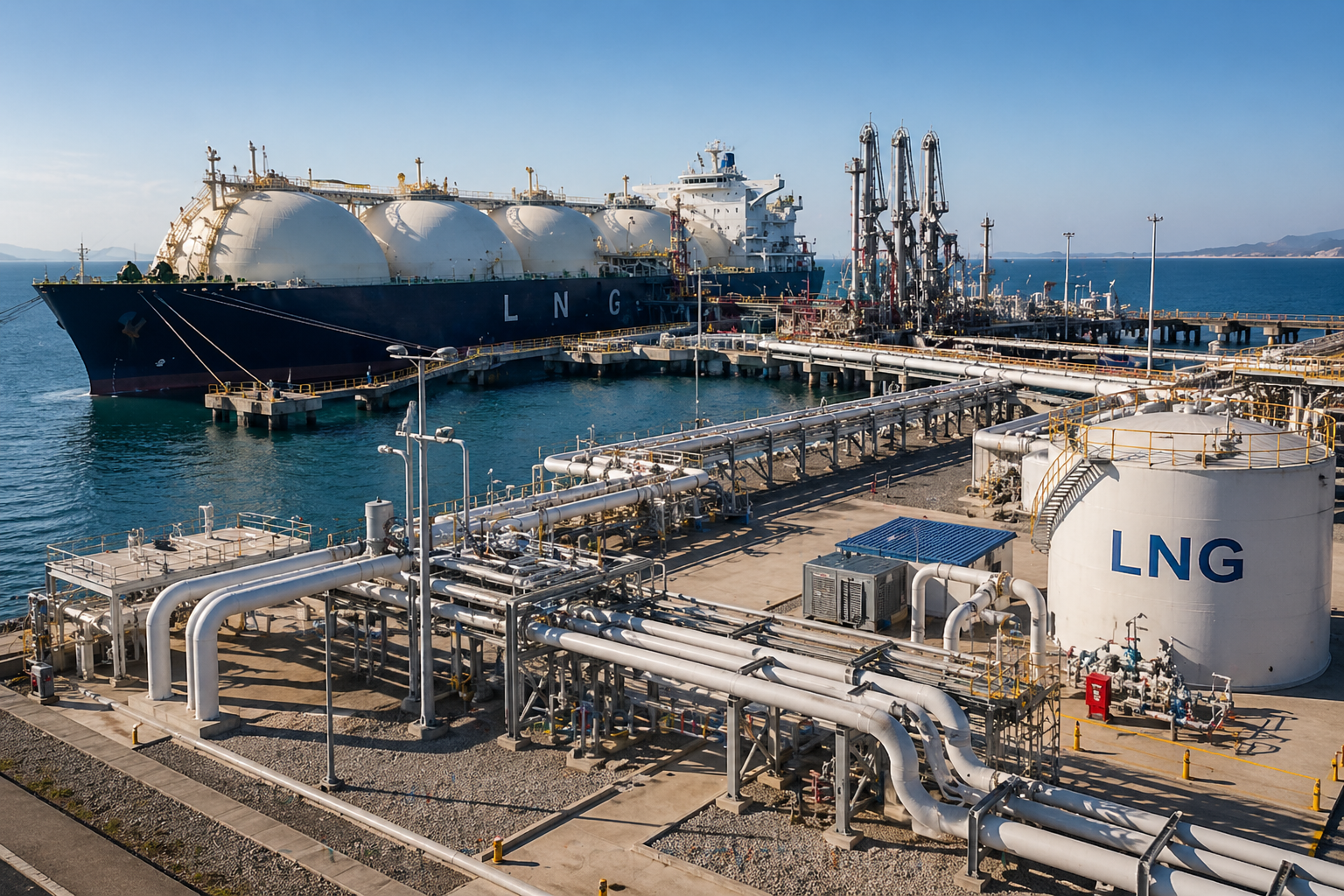 LNG carrier docked at an FSRU regasification terminal with onshore piping