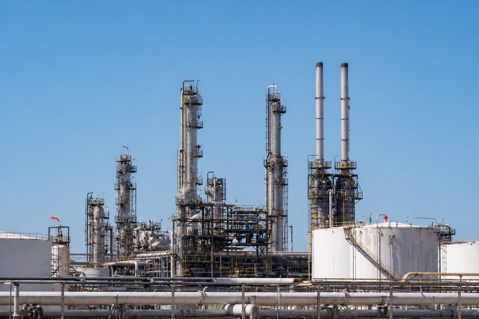 Oil and gas refinery with distillation columns and storage tanks