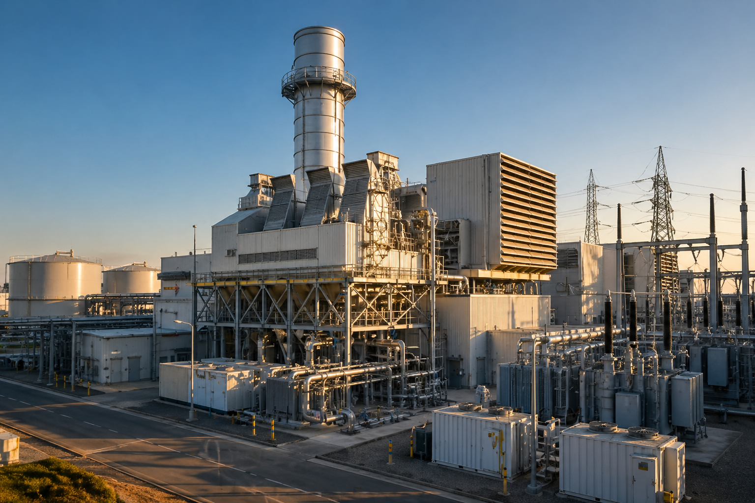 Combined-cycle gas turbine power plant with high-voltage switchyard at sunset