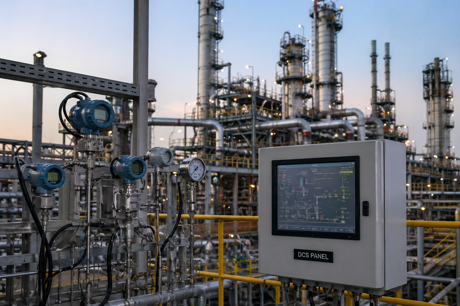 Refinery field instrumentation and DCS panel with distillation columns at dusk